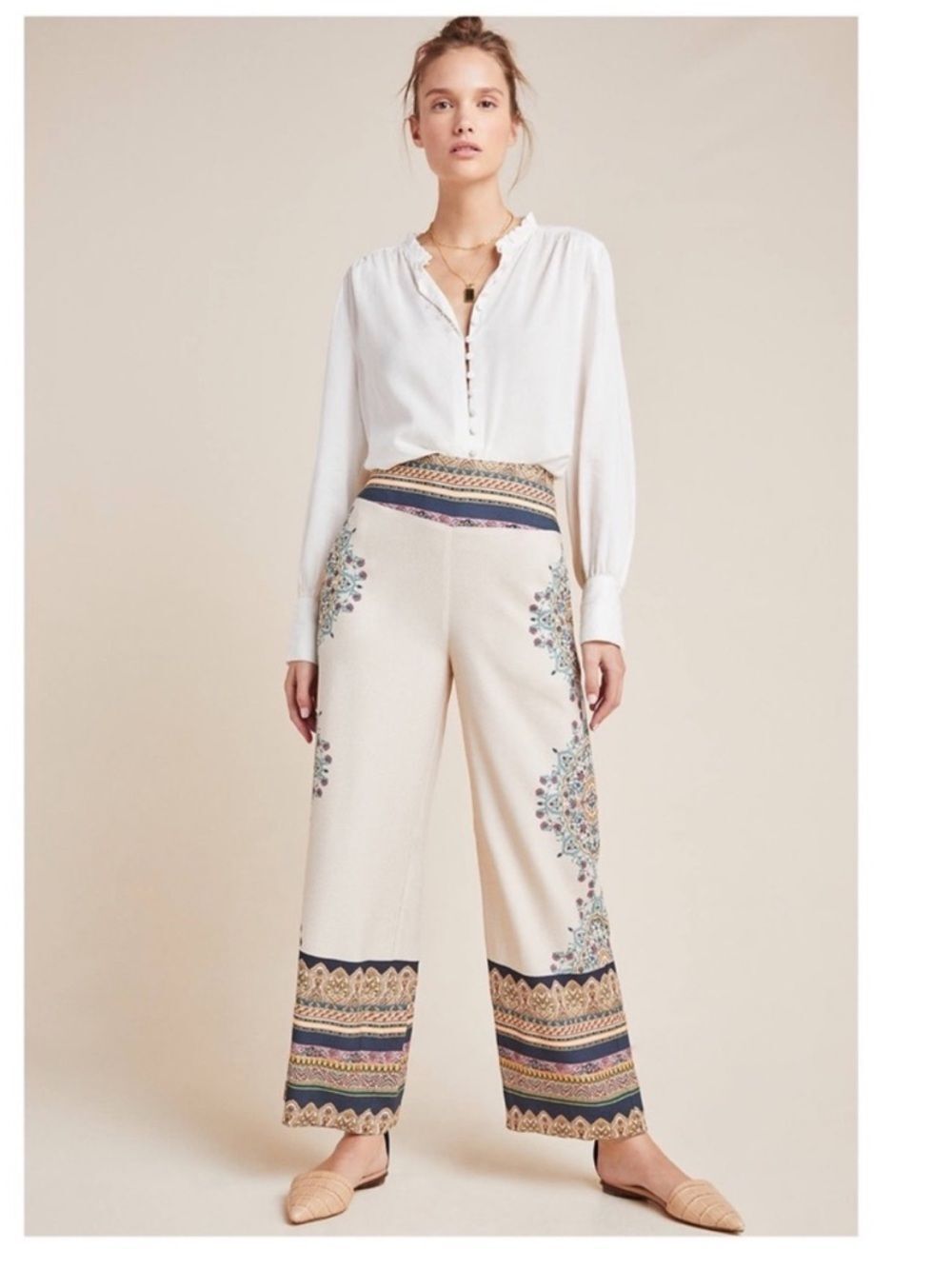 Farm Rio Anthropologie Wide Leg Mandala Print Cream Pants Size S NWOT Boho